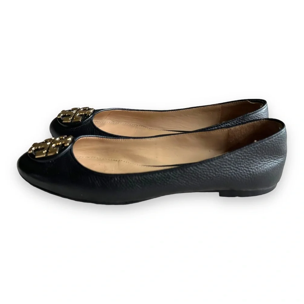 Tory Burch Black Leather Logo Ballet Flats with Gold Emblem - Picture 3 of 11